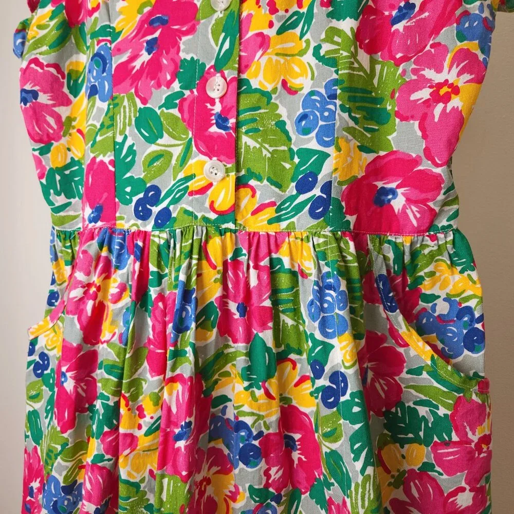 Vintage tropical cotton floral sleeveless midi dress, ruffle sweetheart neckline - Picture 6 of 13